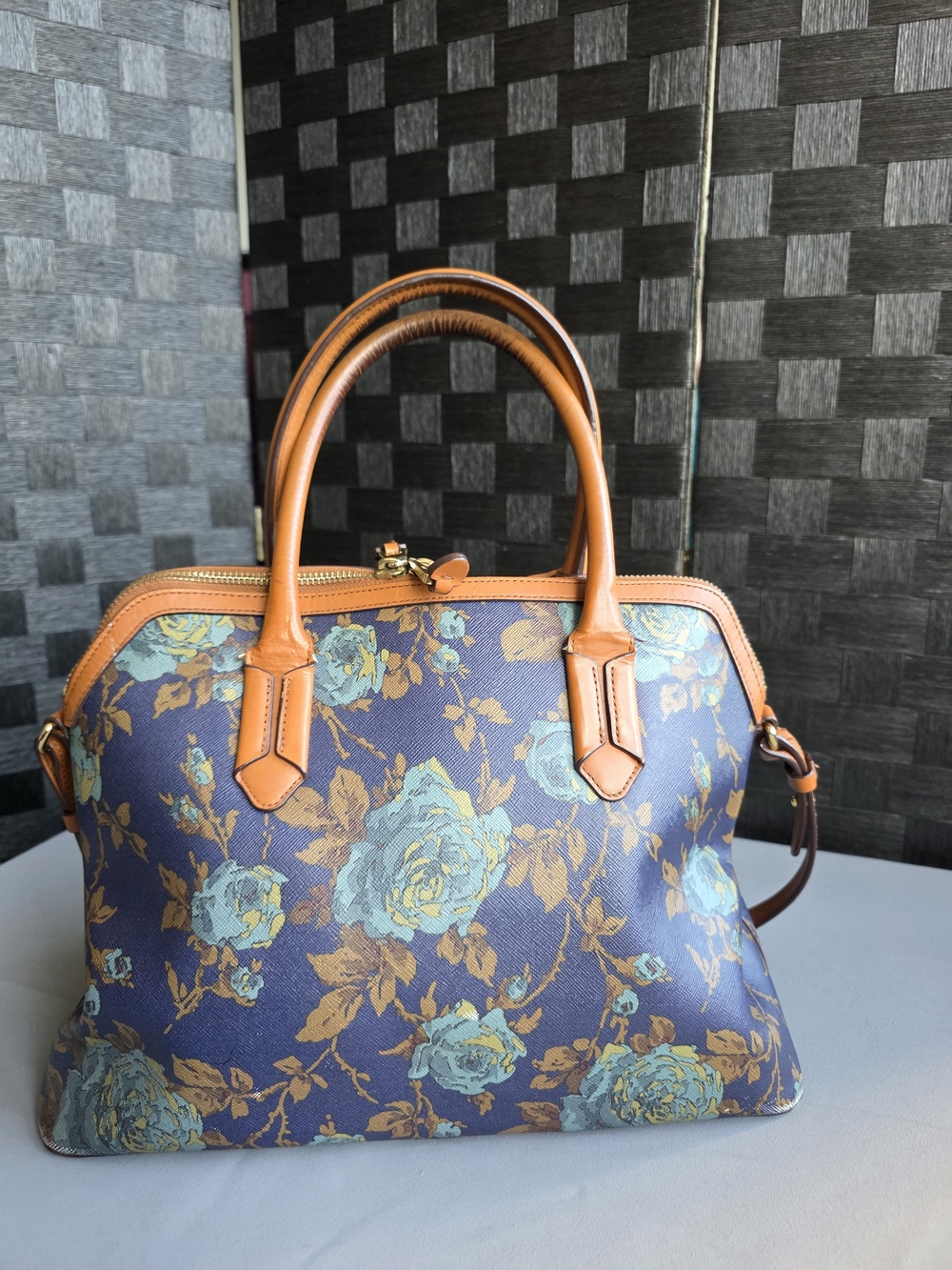 Lauren Ralph Lauren Blue Rose Floral Satchel Crossbody Bag Leather Trim LRL - Picture 3 of 13